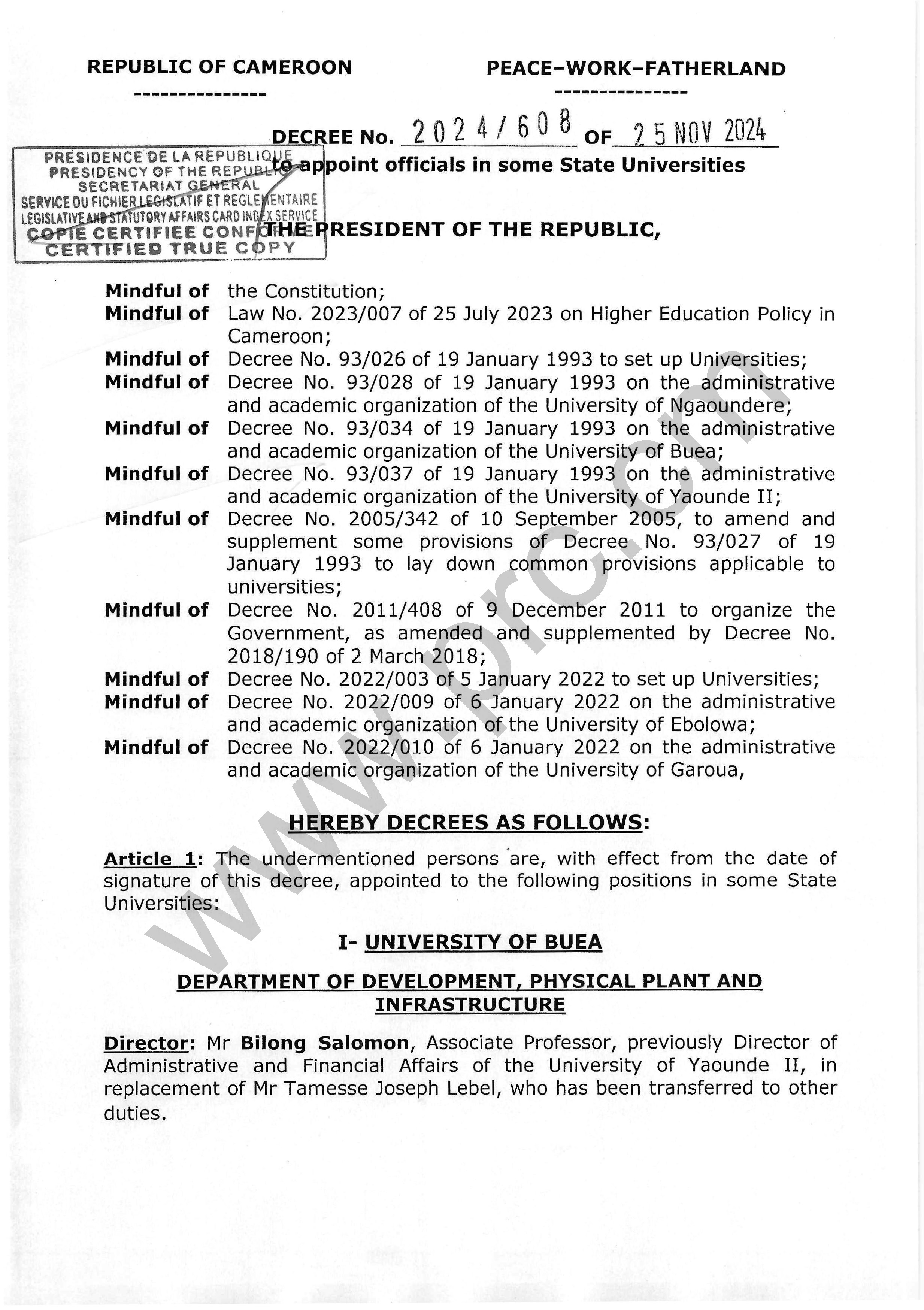 Decree No.2024/608 of 25 November 2024 to appoint officials in some State Universities