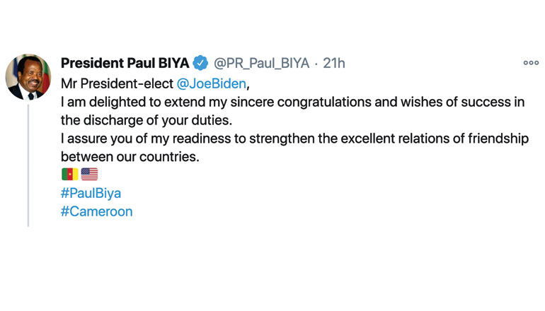 President Paul BIYA’s Congratulatory Message to H.E. Joseph R. Biden, President-elect of the United States of America