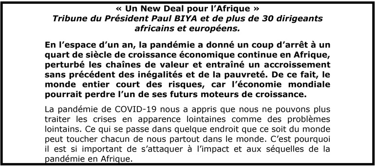 Un New Deal pour l’Afrique: Tribune du Président Paul BIYA et de plus de 30 dirigeants africains et européens